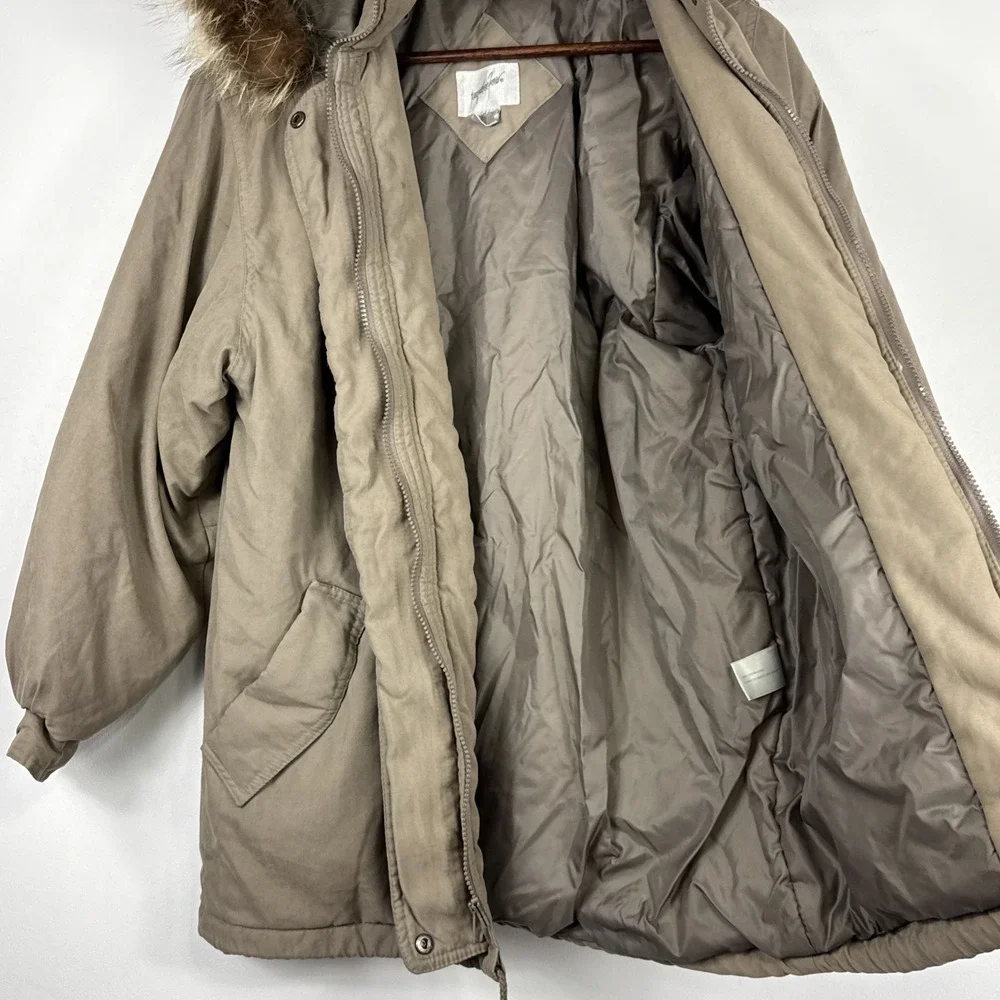 Jacqueline Ferrar Parka Coat Womens Medium Tan Long Raccon Fur Hood Heavy Jacket
